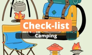 Visuel check-list vacance camping,, feu de camp, chaise ...